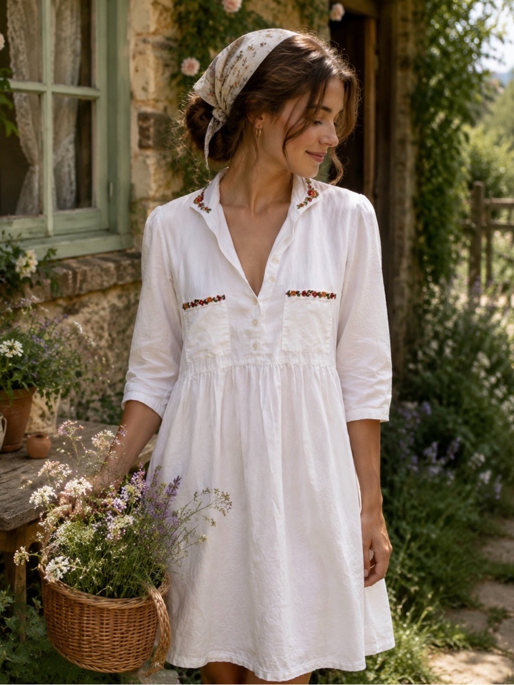 April Cornell cotton white floral embroidered collared mini dress xs